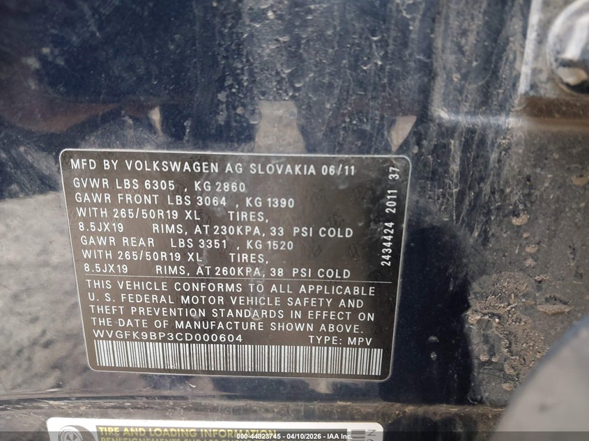 2012 Volkswagen Touareg Tdi Lux VIN: WVGFK9BP3CD000604 Lot: 44823745