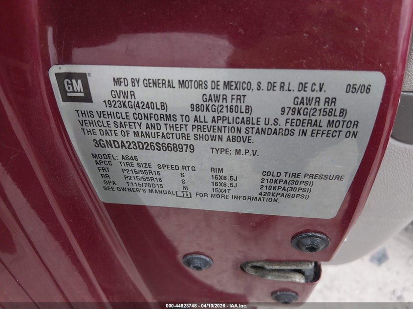 2006 Chevrolet Hhr Lt VIN: 3GNDA23D26S668979 Lot: 44823748