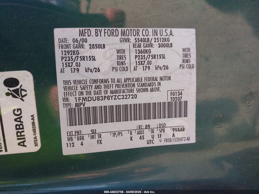 2000 Ford Explorer Xlt VIN: 1FMDU83P8YZC32720 Lot: 44823756