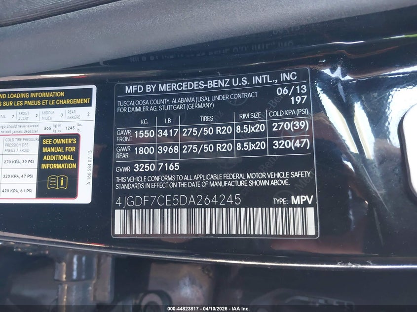 2013 Mercedes-Benz Gl 450 4Matic VIN: 4JGDF7CE5DA264245 Lot: 44823817