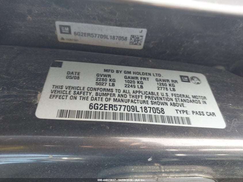 2009 Pontiac G8 VIN: 6G2ER57709L187058 Lot: 44823837