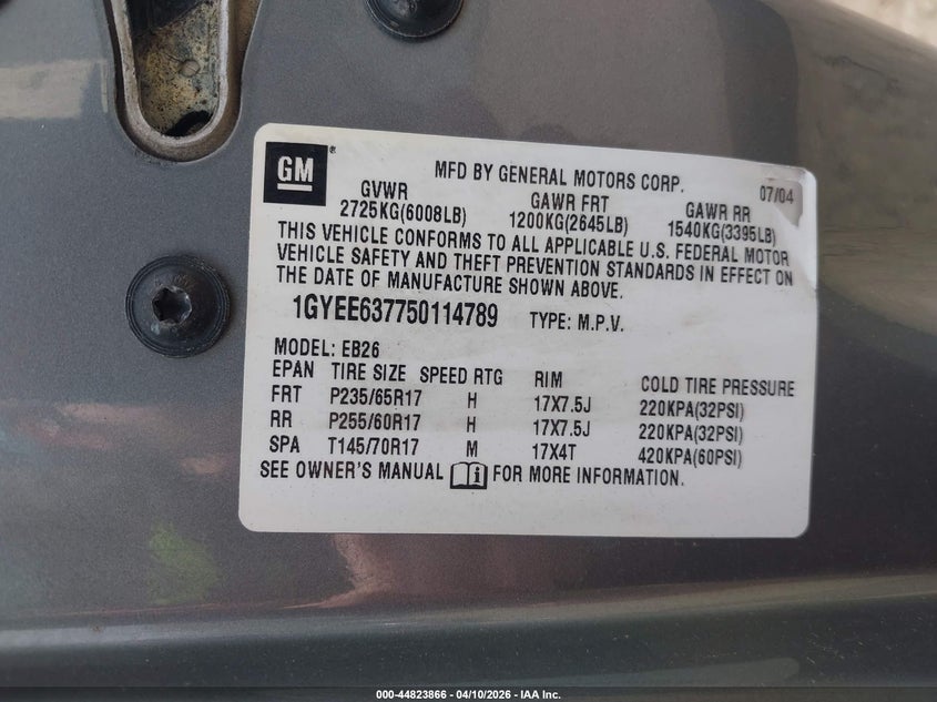 2005 Cadillac Srx V6 VIN: 1GYEE637750114789 Lot: 44823866