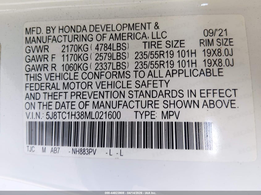 2021 Acura Rdx Standard VIN: 5J8TC1H38ML021600 Lot: 44823908