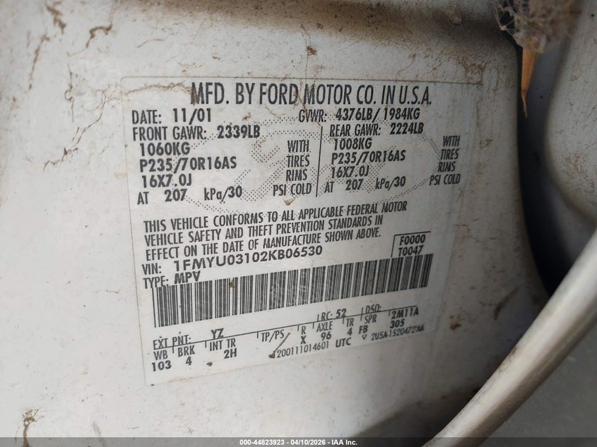 2002 Ford Escape Xlt VIN: 1FMYU03102KB06530 Lot: 44823923