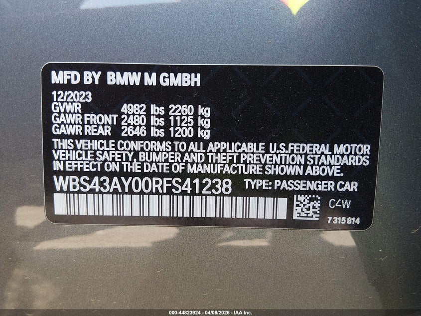 2024 BMW M3 Competition xDrive VIN: WBS43AY00RFS41238 Lot: 44823924