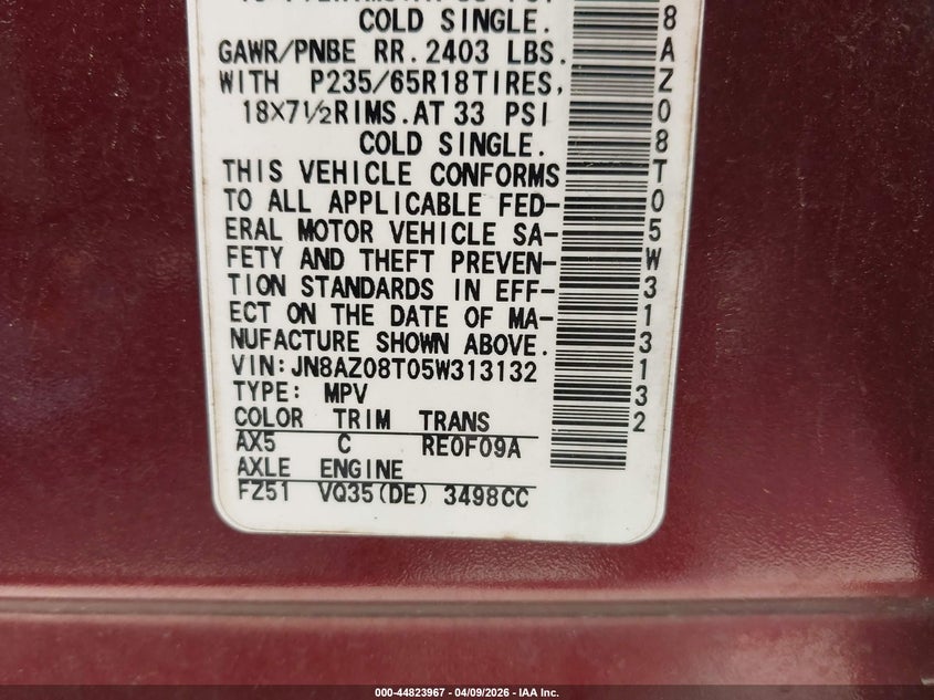 2005 Nissan Murano S VIN: JN8AZ08T05W313132 Lot: 44823967