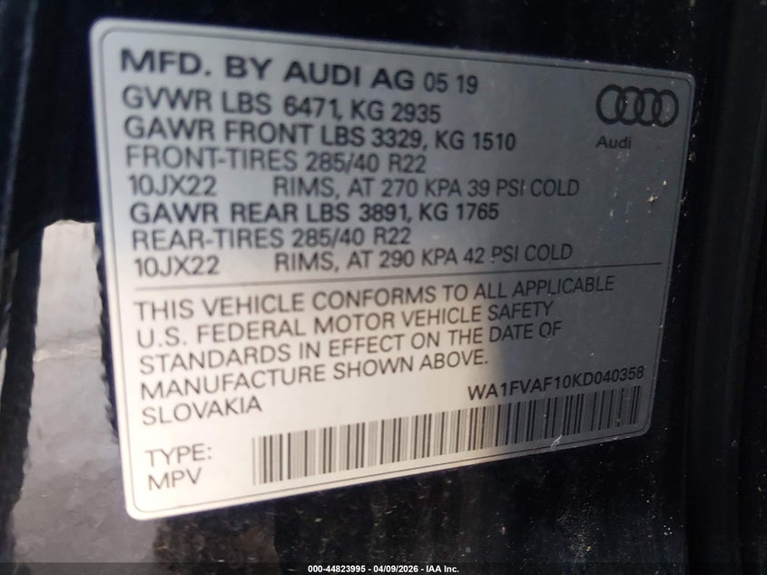 2019 Audi Q8 55 Premium VIN: WA1FVAF10KD040358 Lot: 44823995