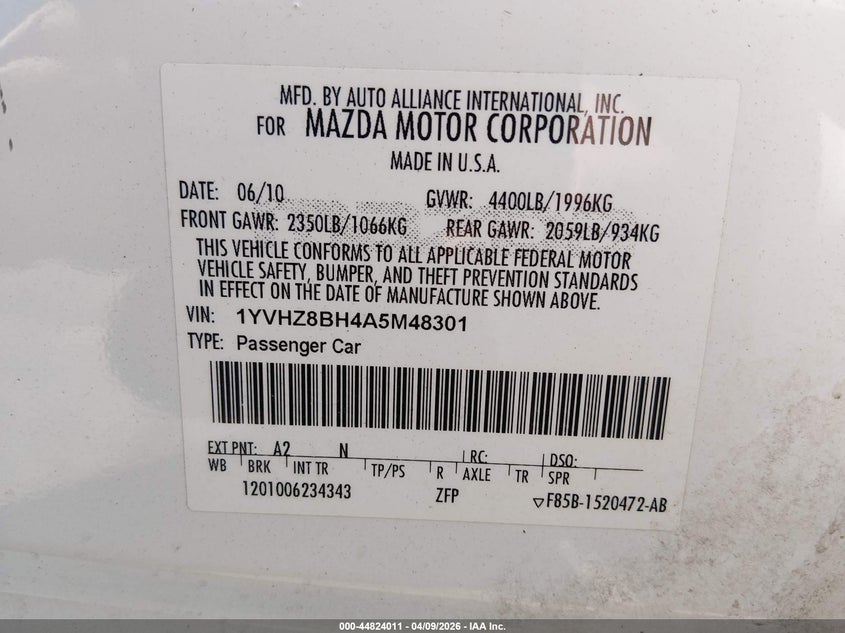 2010 Mazda Mazda6 I Sport VIN: 1YVHZ8BH4A5M48301 Lot: 44824011