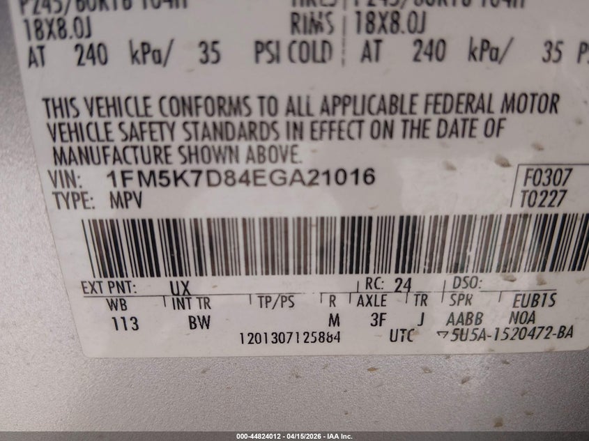 2014 Ford Explorer Xlt VIN: 1FM5K7D84EGA21016 Lot: 44824012