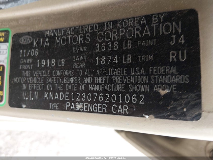 2007 Kia Rio Lx VIN: KNADE123076201062 Lot: 44824029