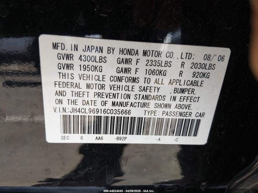 2006 Acura Tsx VIN: JH4CL96916C035666 Lot: 44824045