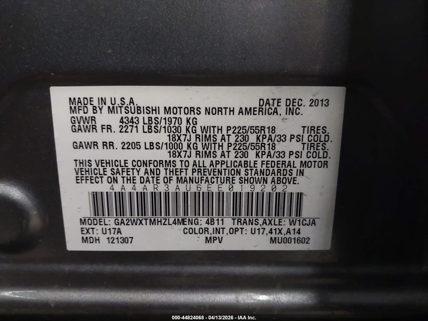 2014 Mitsubishi Outlander 2.0 Sport Es grey Lot 111044824068 Vin 4A4AR3AU6EE019202