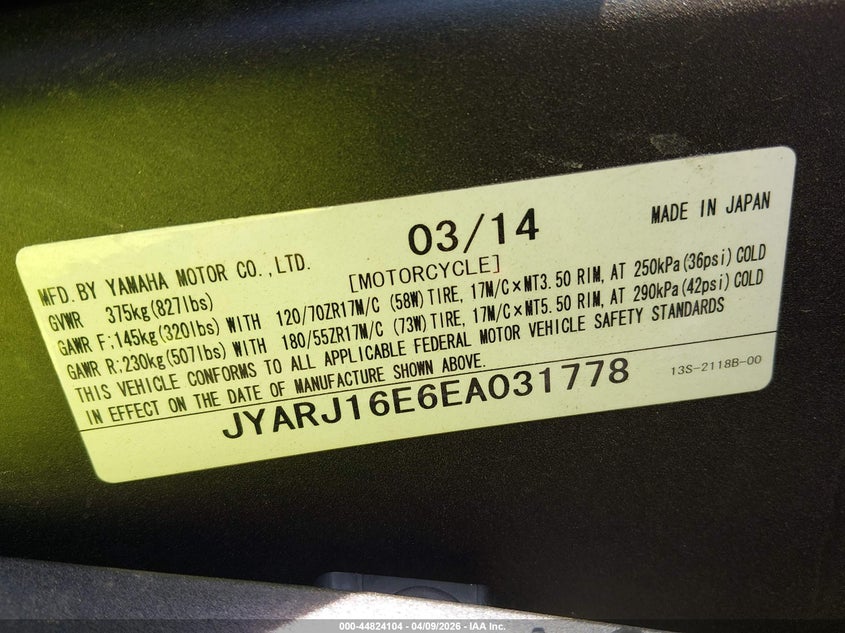 2014 Yamaha Yzfr6 VIN: JYARJ16E6EA031778 Lot: 44824104