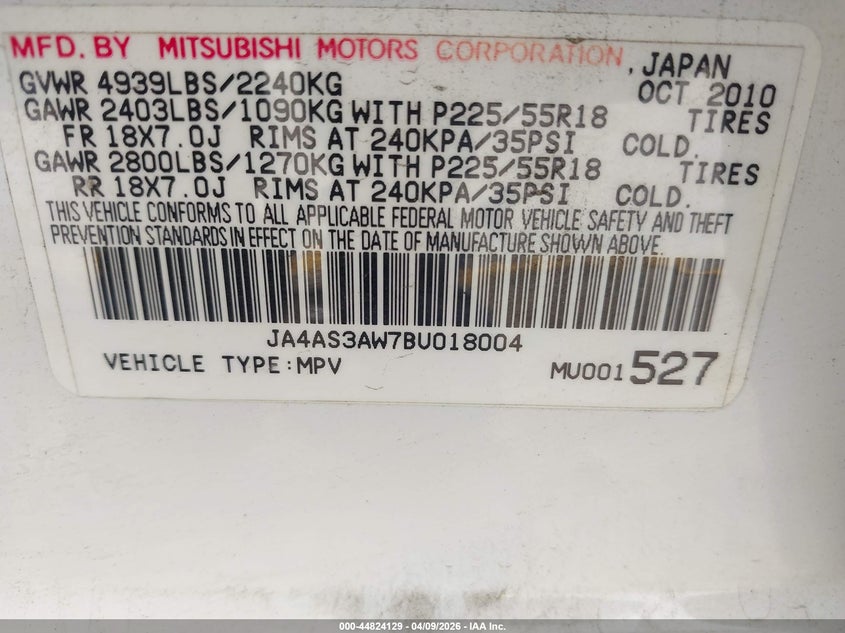 2011 Mitsubishi Outlander Se VIN: JA4AS3AW7BU018004 Lot: 44824129