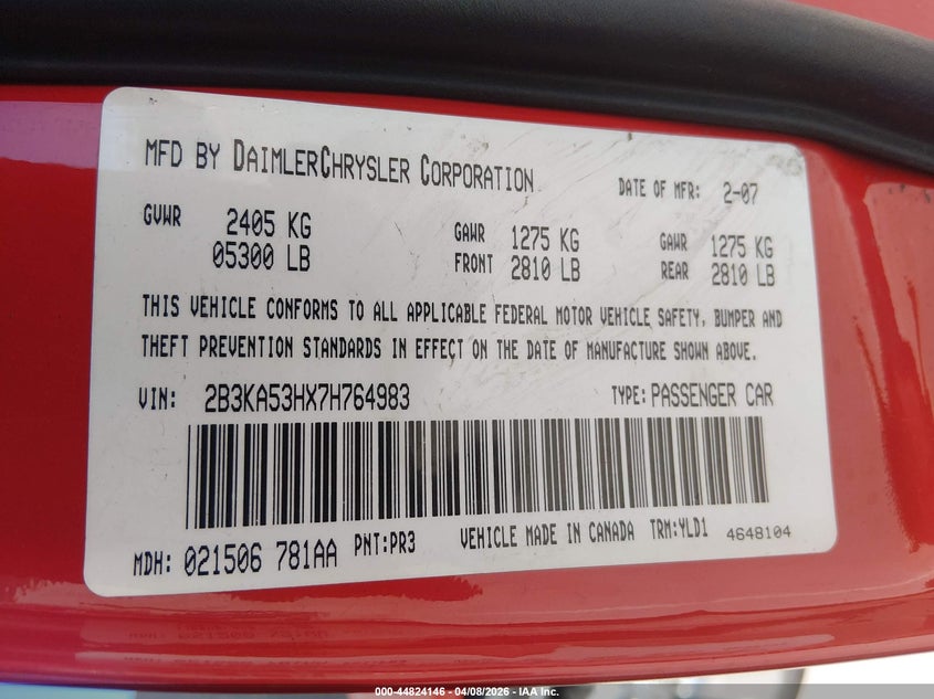 2007 Dodge Charger Rt VIN: 2B3KA53HX7HX64983 Lot: 44824146