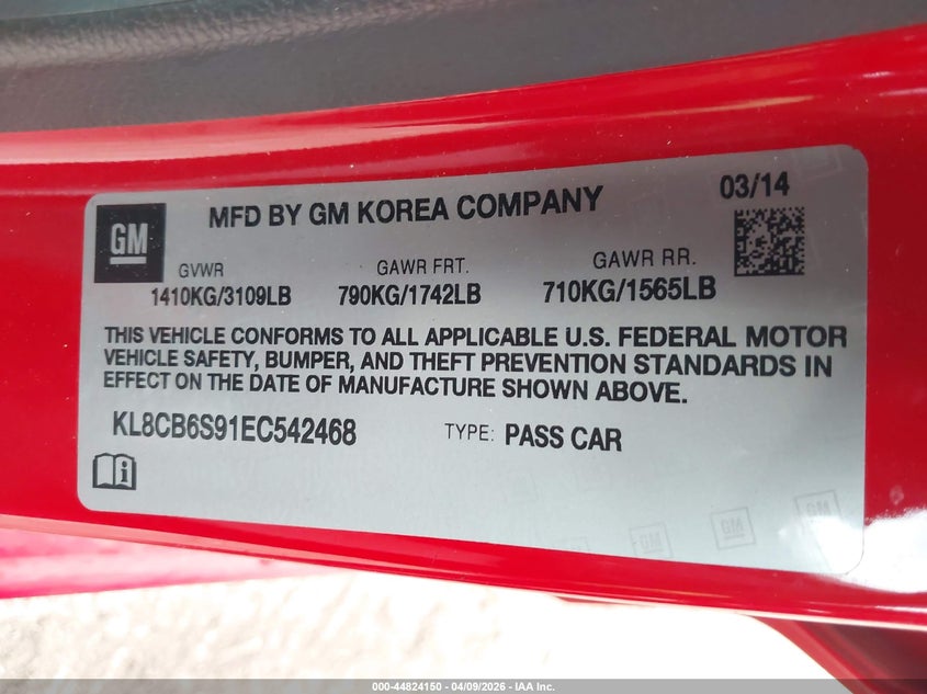 2014 Chevrolet Spark Ls Auto VIN: KL8CB6S91EC542468 Lot: 44824150