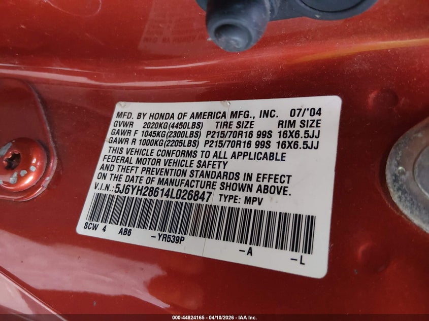 2004 Honda Element Ex VIN: 5J6YH28614L026847 Lot: 44824165