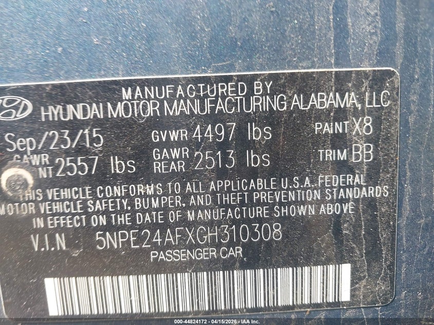 2016 Hyundai Sonata Se VIN: 5NPE24AFXGH310308 Lot: 44824172