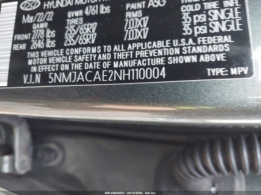 2022 Hyundai Tucson Se VIN: 5NMJACAE2NH110004 Lot: 44824203