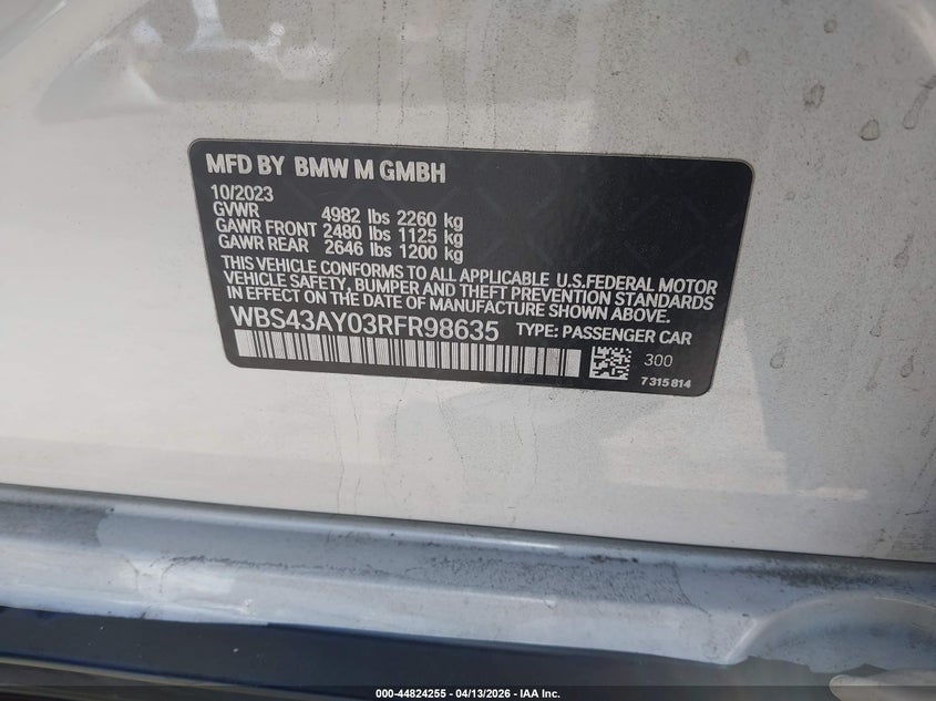 2024 BMW M3 Competition xDrive VIN: WBS43AY03RFR98635 Lot: 44824255