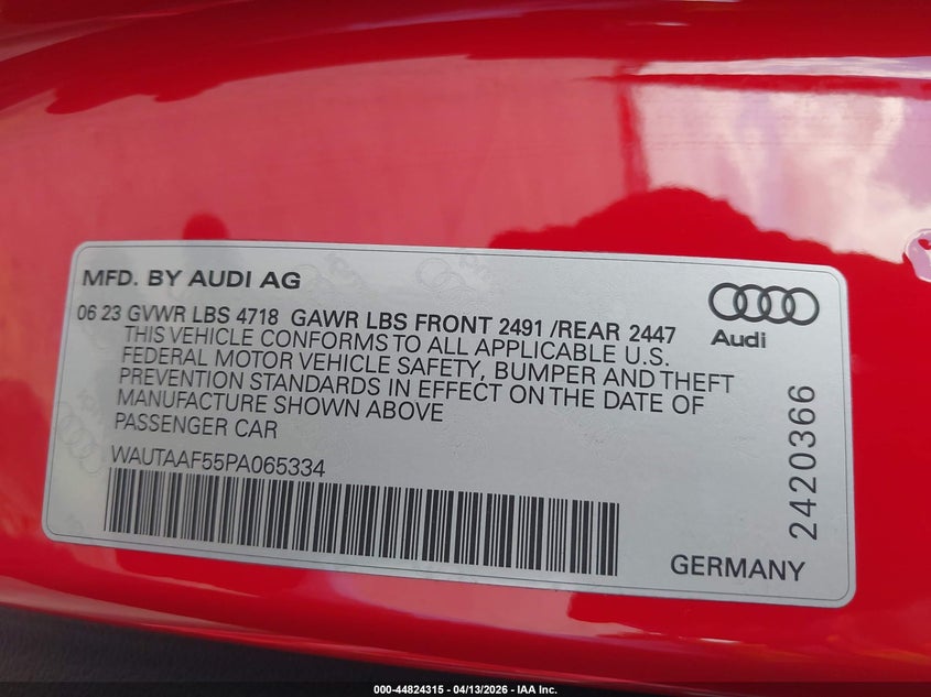 2023 Audi A5 VIN: WAUTAAF55PA065334 Lot: 44824315