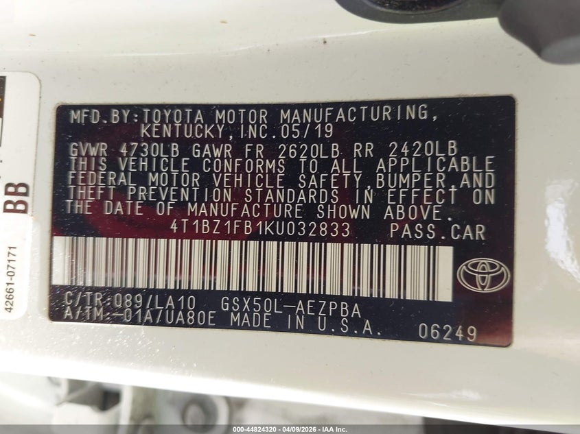 2019 Toyota Avalon Limited VIN: 4T1BZ1FB1KU032833 Lot: 44824320