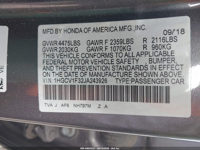 2018 Honda Accord Sport VIN: 1HGCV1F32JA243926 Lot: 44824321
