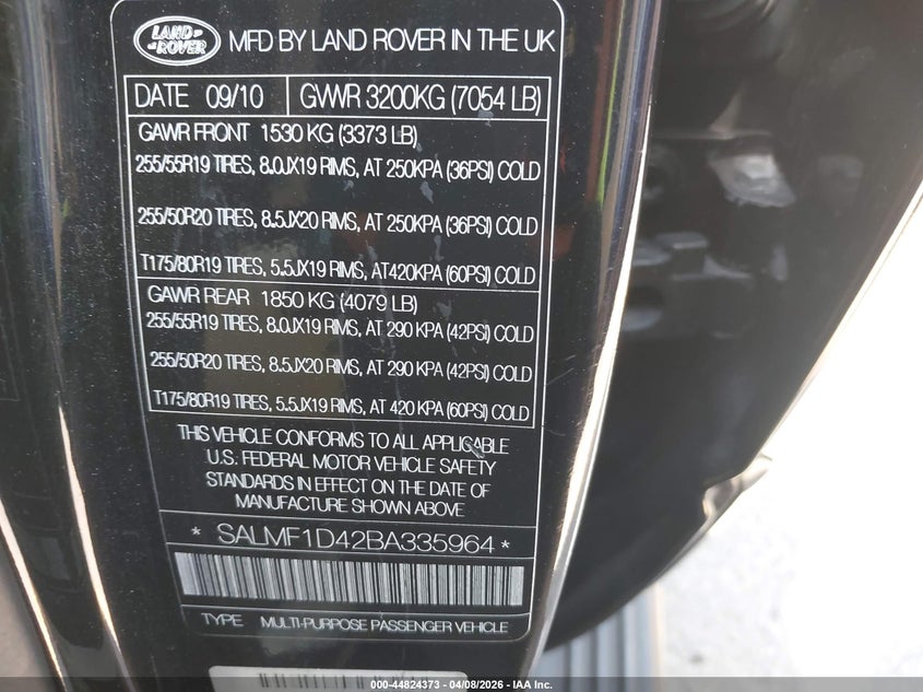 2011 Land Rover Range Rover Hse VIN: SALMF1D42BA335964 Lot: 44824373