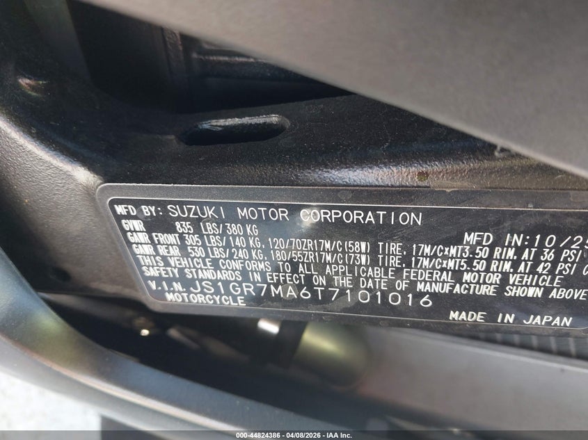 2026 Suzuki Gsx-R750 VIN: JS1GR7MA6T7101016 Lot: 44824386