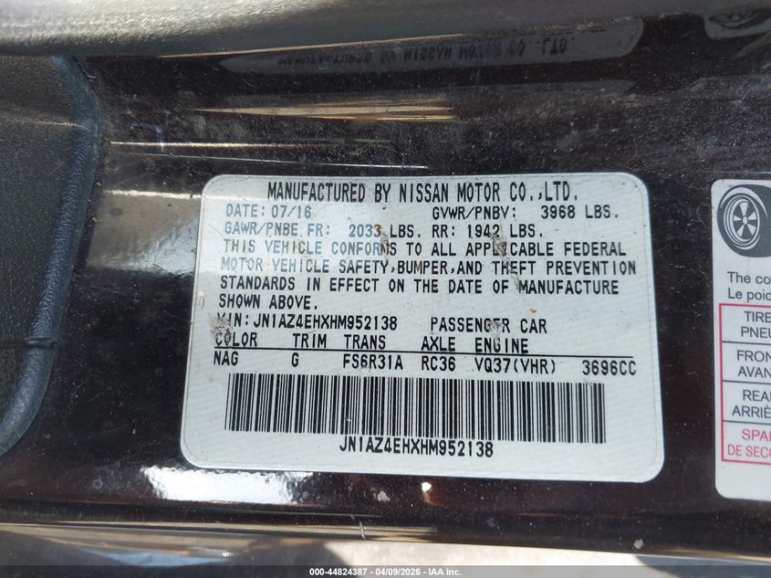 2017 Nissan 370Z VIN: JN1AZ4EHXHM952138 Lot: 44824387