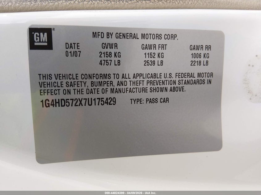 2007 Buick Lucerne Cxl VIN: 1G4HD572X7U175429 Lot: 44824399