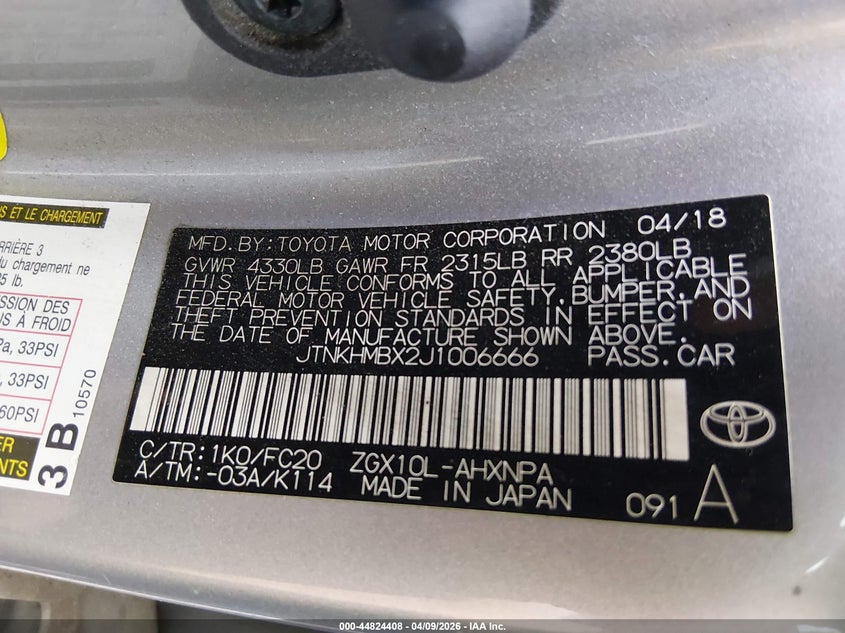 2018 Toyota C-Hr Xle VIN: JTNKHMBX2J1006666 Lot: 44824408