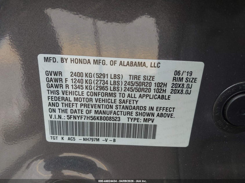 2019 Honda Passport Ex-L VIN: 5FNYF7H56KB008523 Lot: 44824434