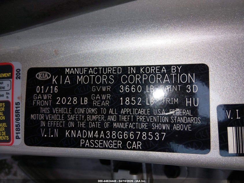 2016 Kia Rio Lx VIN: KNADM4A38G6678537 Lot: 44824448