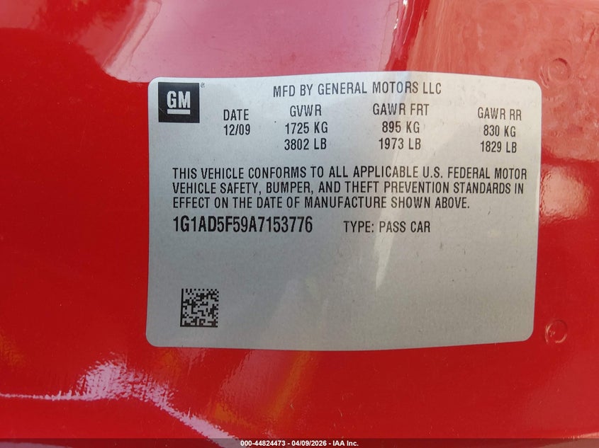 2010 Chevrolet Cobalt Lt VIN: 1G1AD5F59A7153776 Lot: 44824473