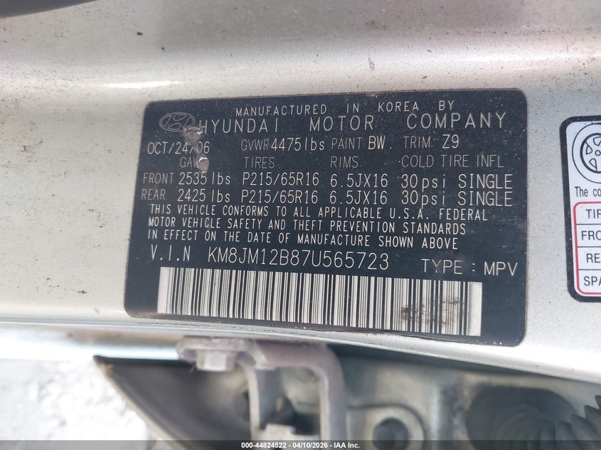 2007 Hyundai Tucson Gls VIN: KM8JM12B87U565723 Lot: 44824522