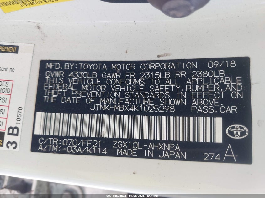 2019 Toyota C-Hr Xle VIN: JTNKHMBX4K1025298 Lot: 44824531