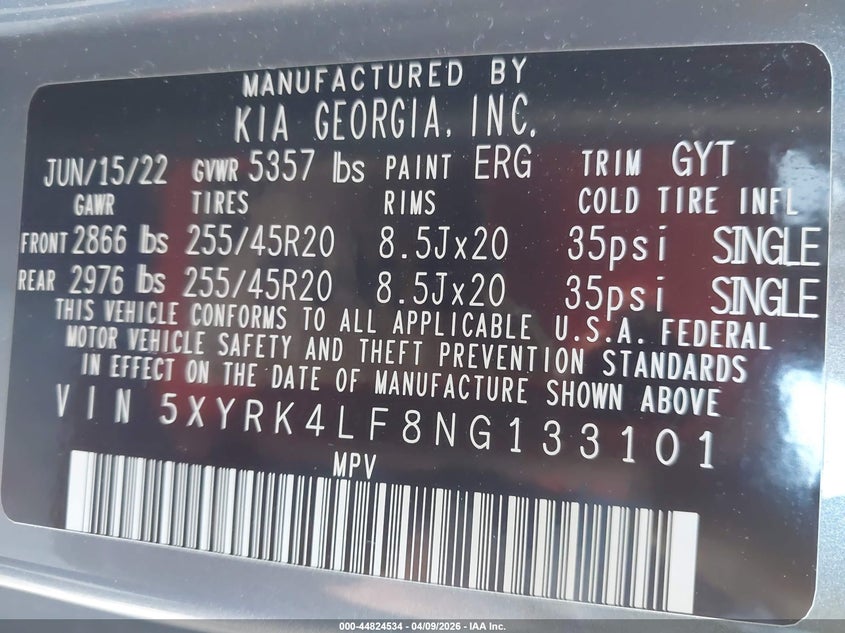 2022 Kia Sorento Sx VIN: 5XYRK4LF8NG133101 Lot: 44824534