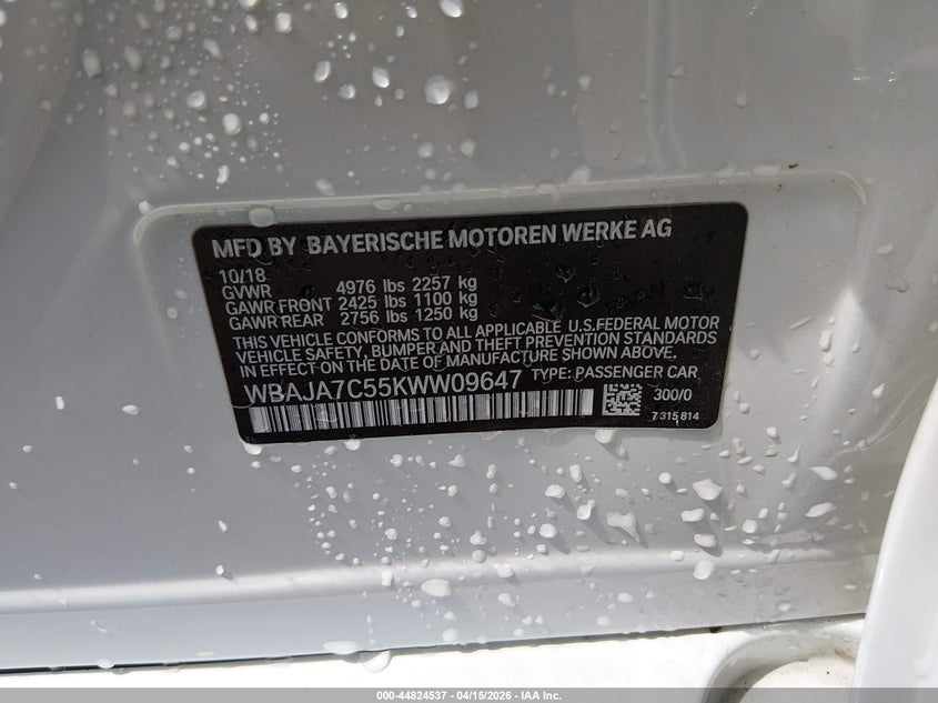 2019 BMW 530I xDrive VIN: WBAJA7C55KWW09647 Lot: 44824537