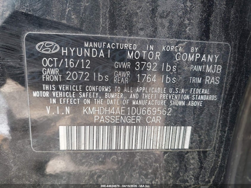 2013 Hyundai Elantra Limited VIN: KMHDH4AE1DU669562 Lot: 44824575