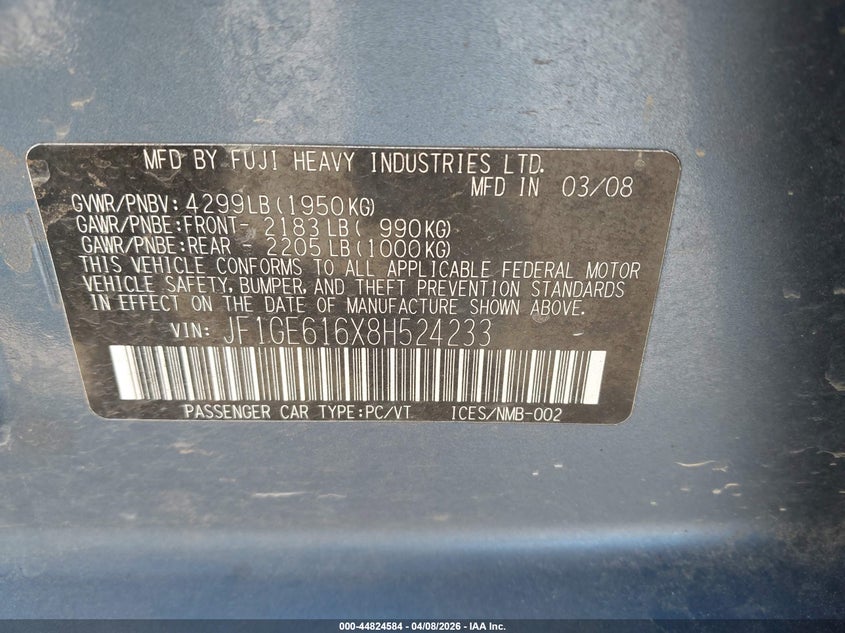 2008 Subaru Impreza 2.5I VIN: JF1GE616X8H524233 Lot: 44824584