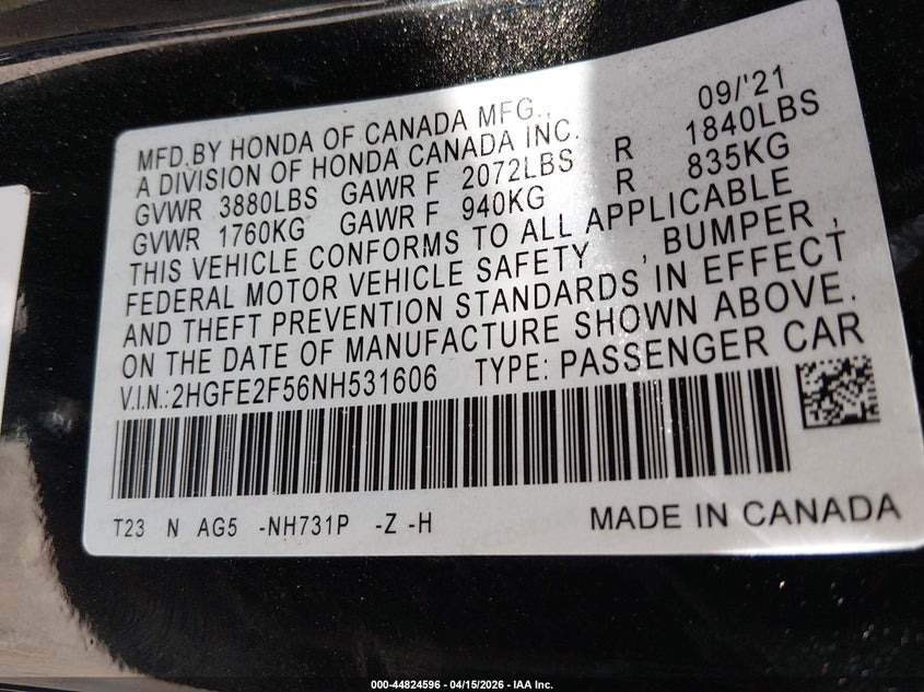 2022 Honda Civic 2.0 Sport black Lot 111044824596 Vin 2HGFE2F56NH531606