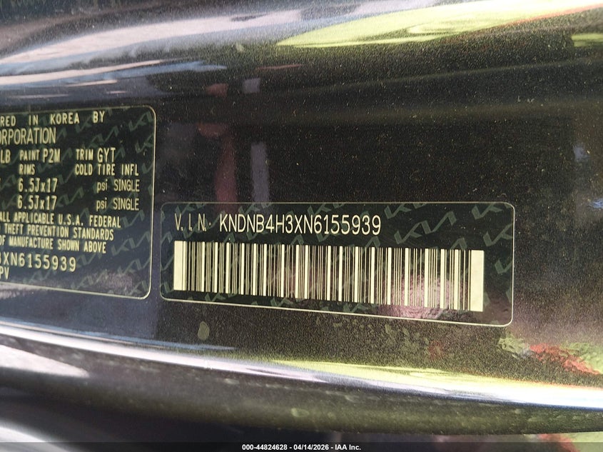 2022 Kia Carnival Mpv Lx Seat Package VIN: KNDNB4H3XN6155939 Lot: 44824628