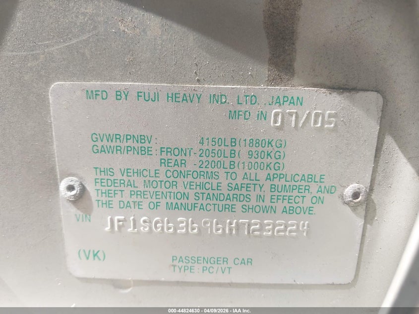 2006 Subaru Forester 2.5X VIN: JF1SG63696H723224 Lot: 44824630