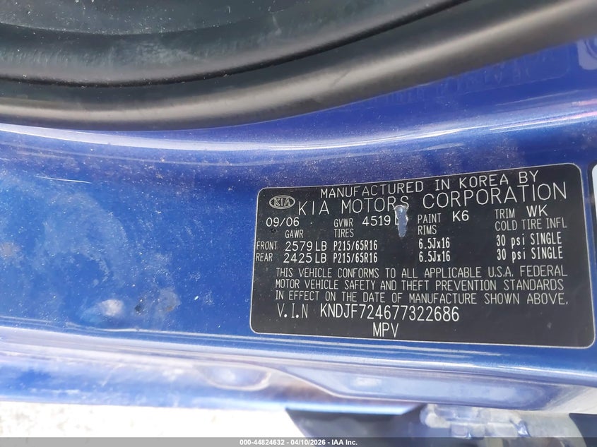 2007 Kia Sportage Lx VIN: KNDJF724677322686 Lot: 44824632