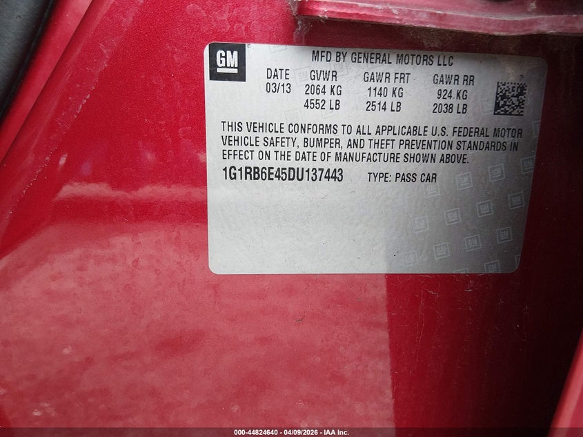 2013 Chevrolet Volt VIN: 1G1RB6E45DU137443 Lot: 44824640