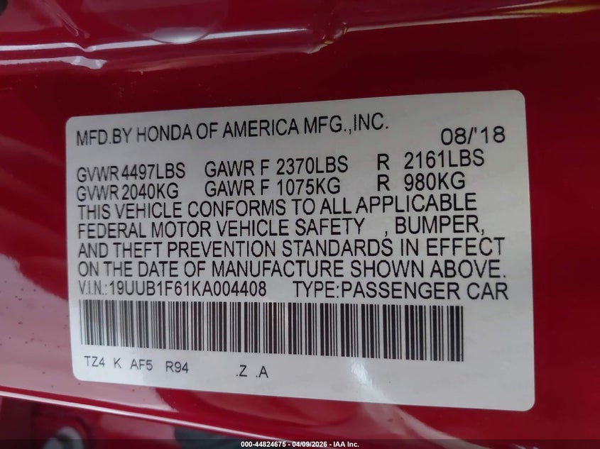 2019 Acura Tlx Tech A-Spec Pkgs VIN: 19UUB1F61KA004408 Lot: 44824675