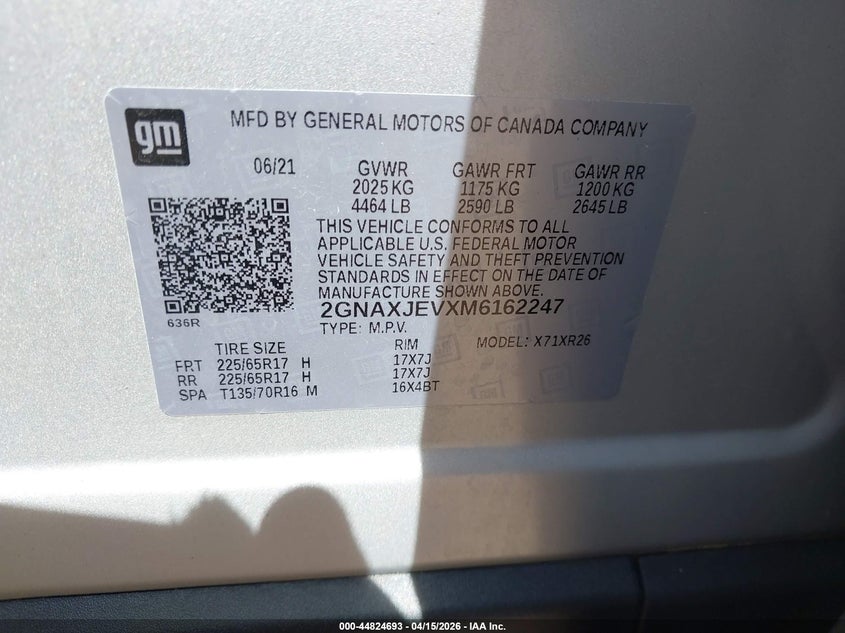 2021 Chevrolet Equinox Fwd 2Fl VIN: 2GNAXJEVXM6162247 Lot: 44824693