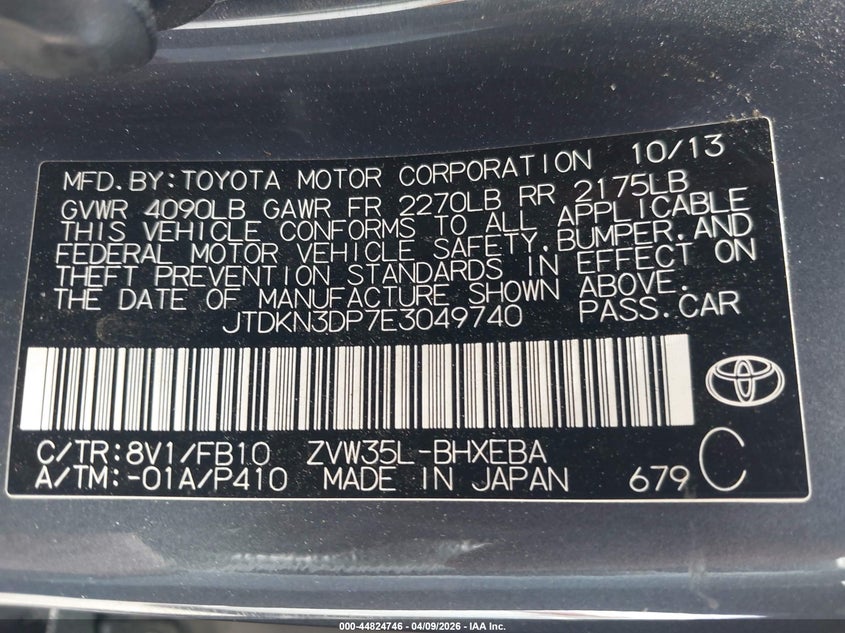 2014 Toyota Prius 1.8 Plug-In grey Lot 111044824746 Vin JTDKN3DP7E3049740