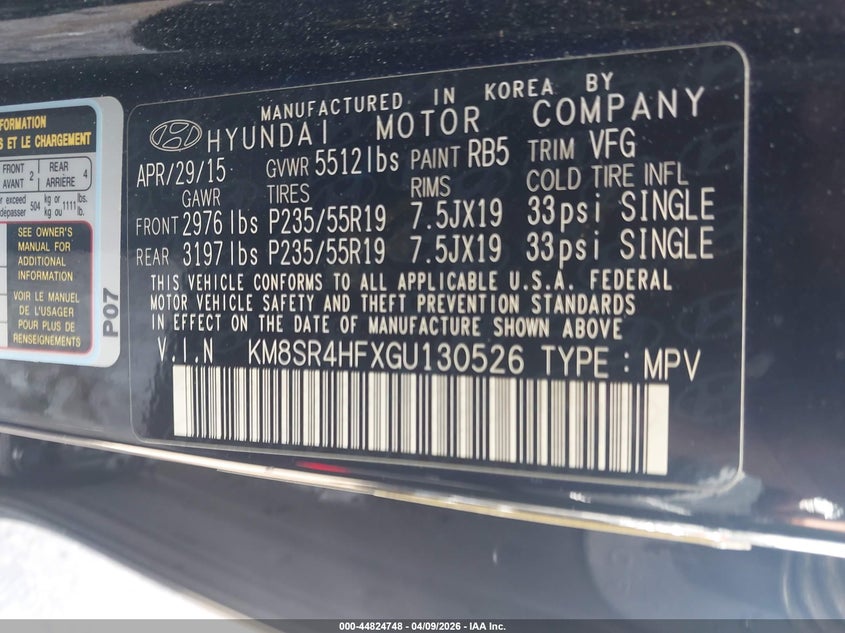 2016 Hyundai Santa fe 3.3 Limited black Lot 111044824748 Vin KM8SR4HFXGU130526